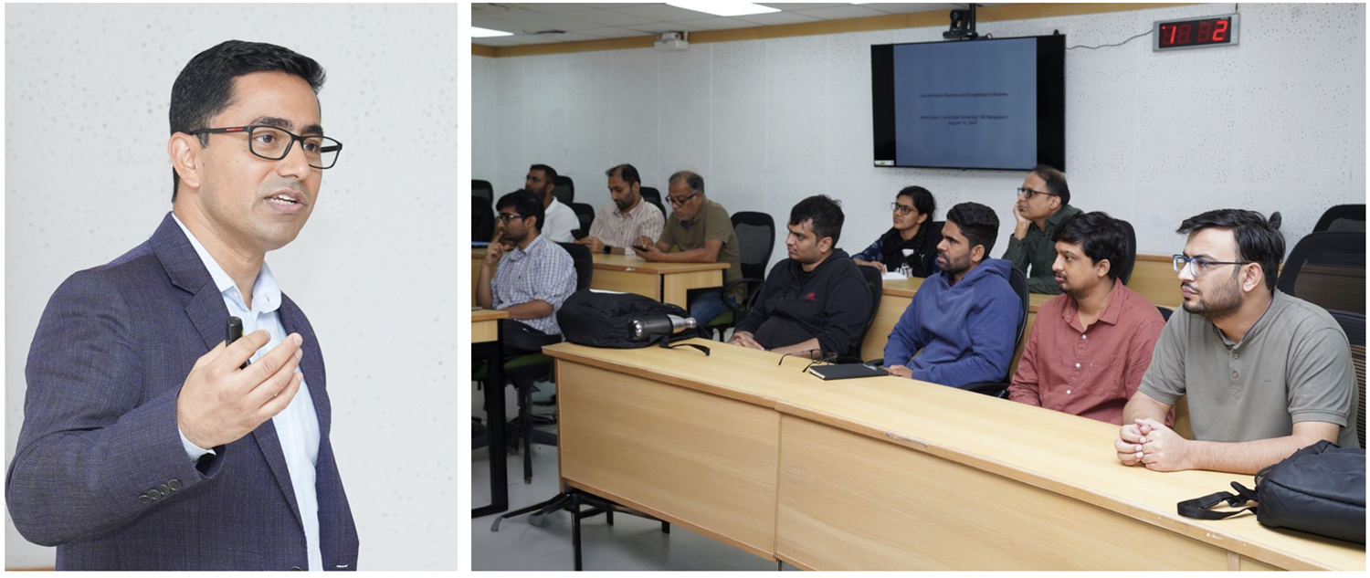 Prof. Rahul Ravi, Concordia University, shared his research ion ‘Discriminatory Barriers and Exceptional Outcomes: The Paradox of Minority Leadership Performance’. The seminar was organized by the Office of Research and Publications, at IIMB, on 13th August 2025.